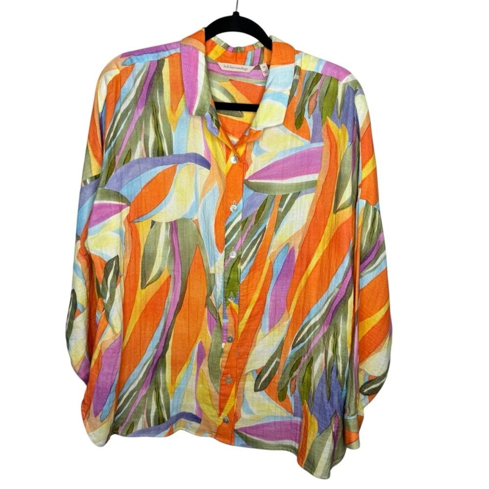 SOFT SURROUNDINGS / Peregrine orange fiery stripe gauze button down shirt / 1X
